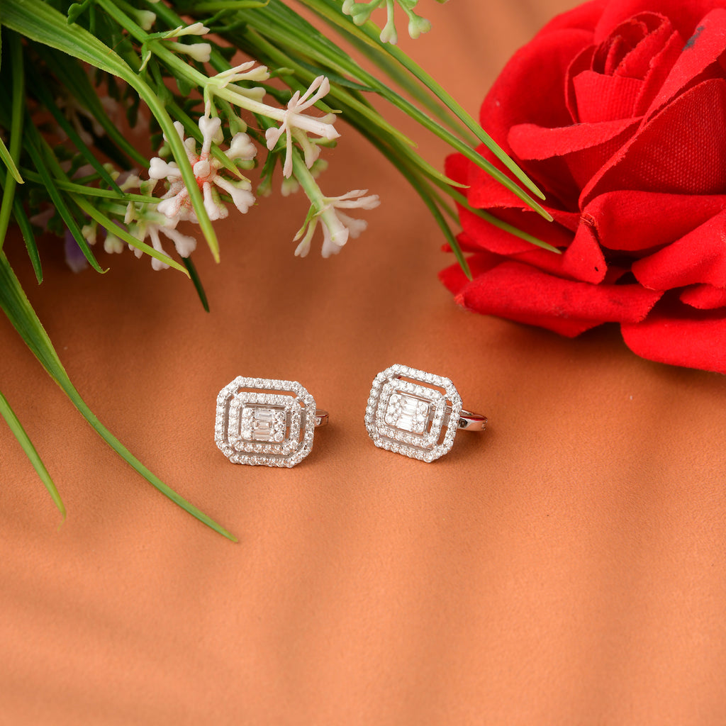 Handmade Baguette Round Diamond Fine Gold Stud Earrings