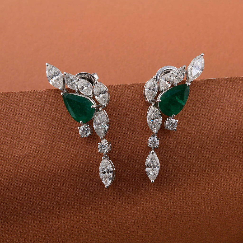 SI Clarity HI Color 4.93 Tcw Zambian Emerald and Marquise Diamond Gold Earrings