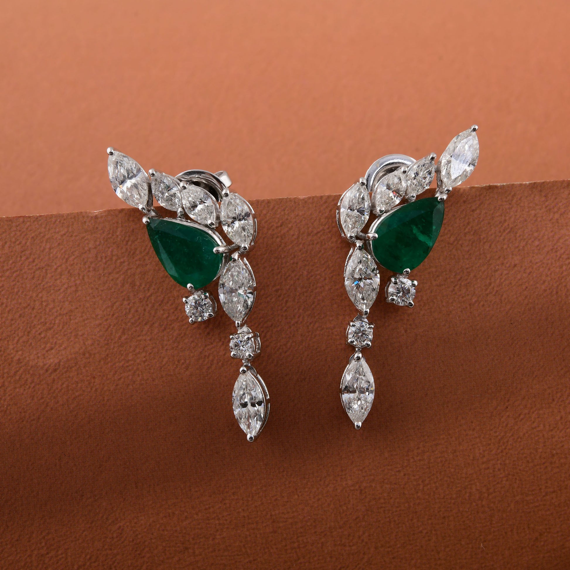 SI Clarity HI Color 4.93 Tcw Zambian Emerald and Marquise Diamond Gold Earrings