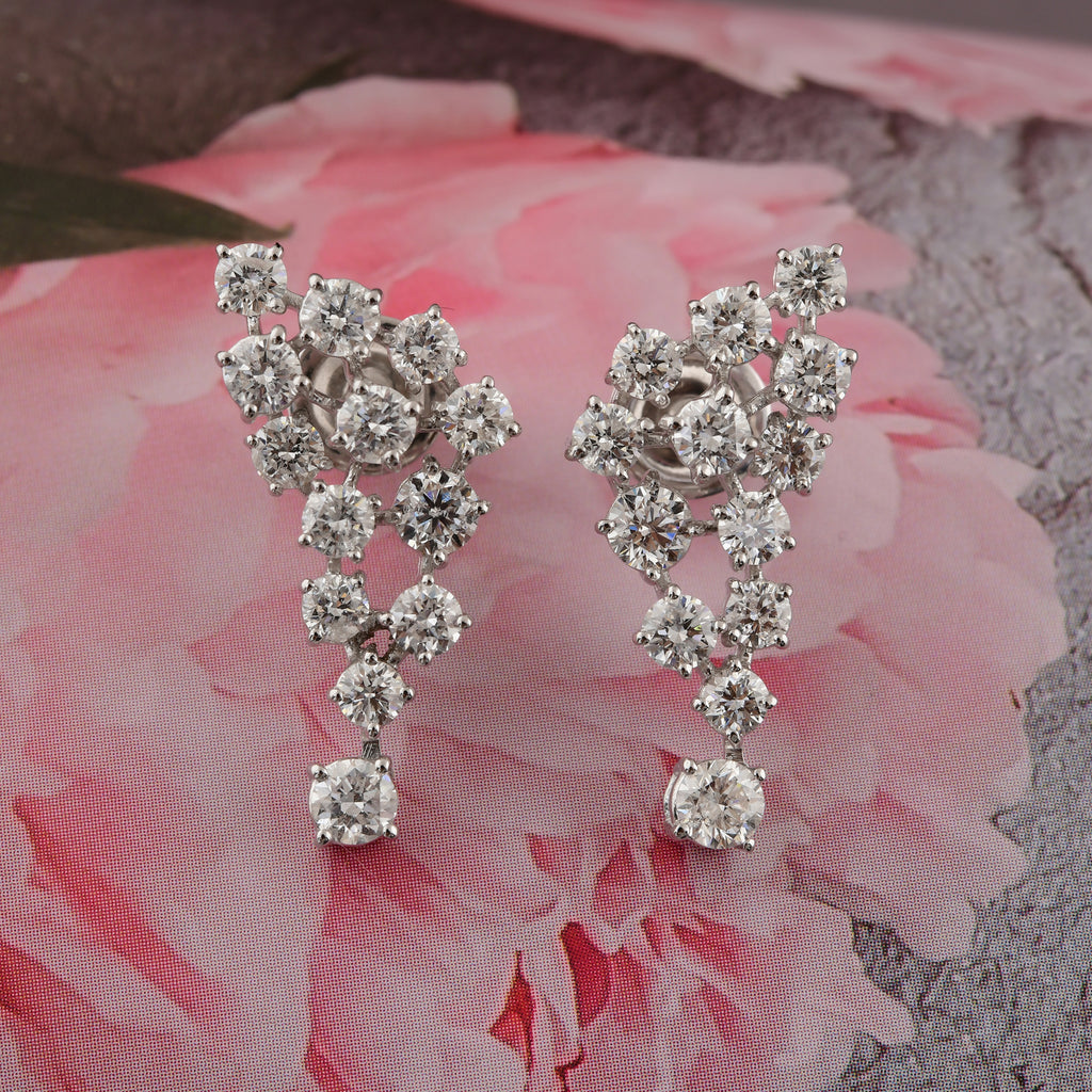 Natural SI/HI Round Diamond 3.02 Carat Cluster Dangle Earrings in Solid Gold