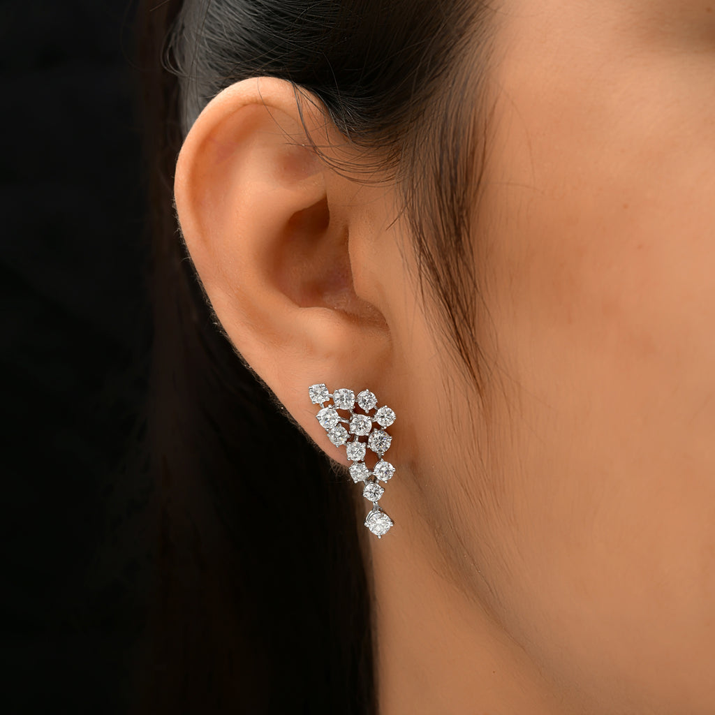 Natural SI/HI Round Diamond 3.02 Carat Cluster Dangle Earrings in Solid Gold