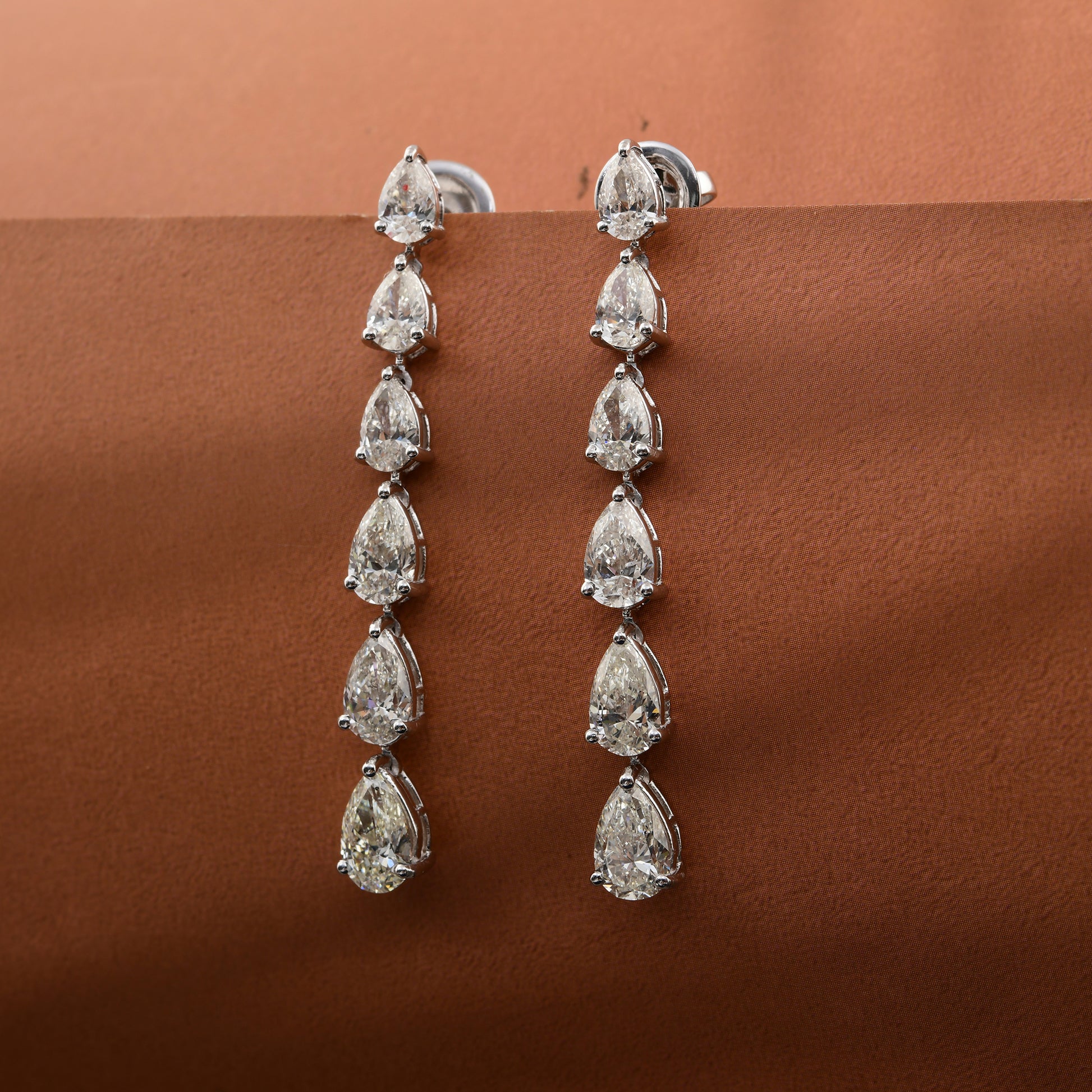 Pear Brilliant Cut 5.68 Carat Natural Diamond Long Dangle Earrings in Fine Gold