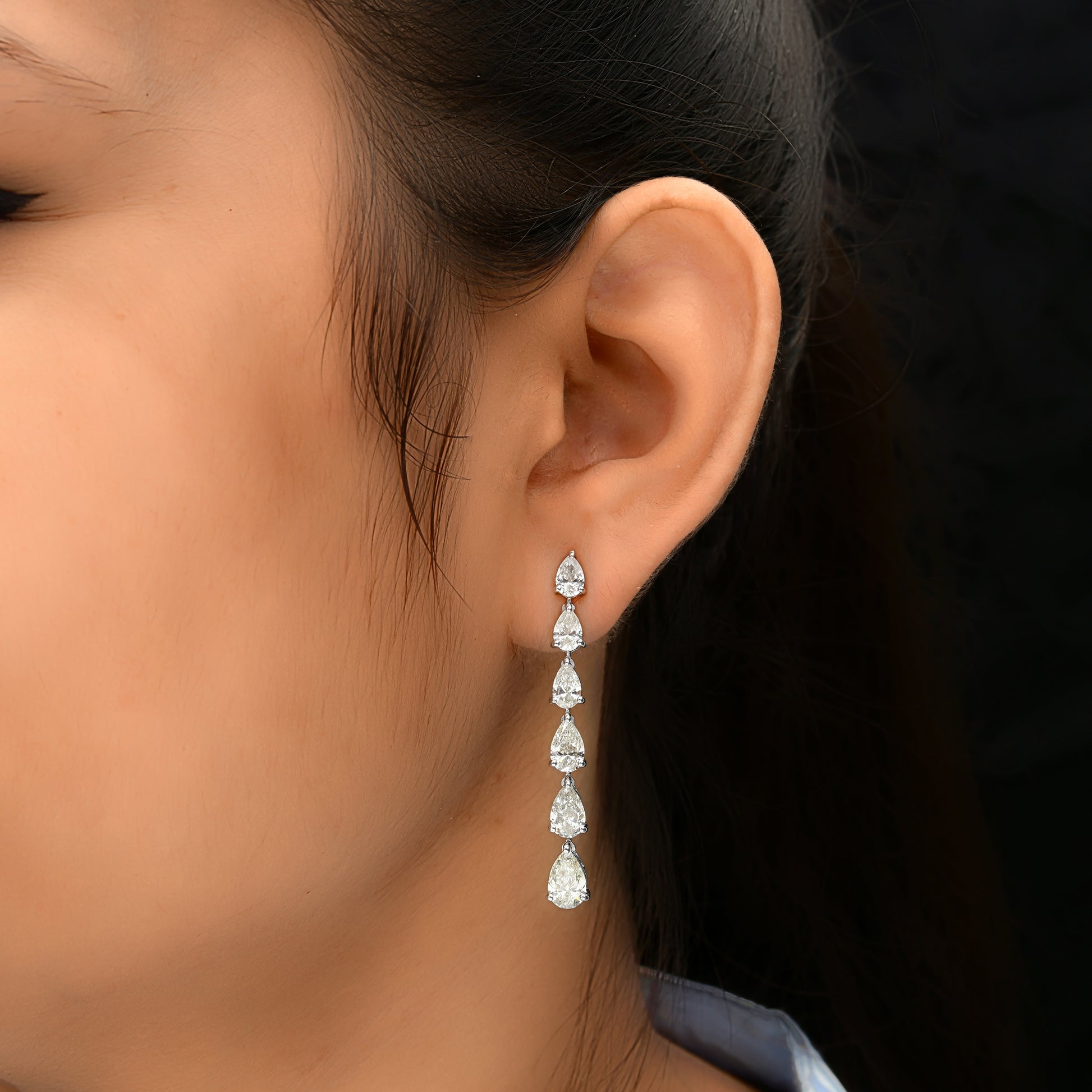 Pear Brilliant Cut 5.68 Carat Natural Diamond Long Dangle Earrings in Fine Gold