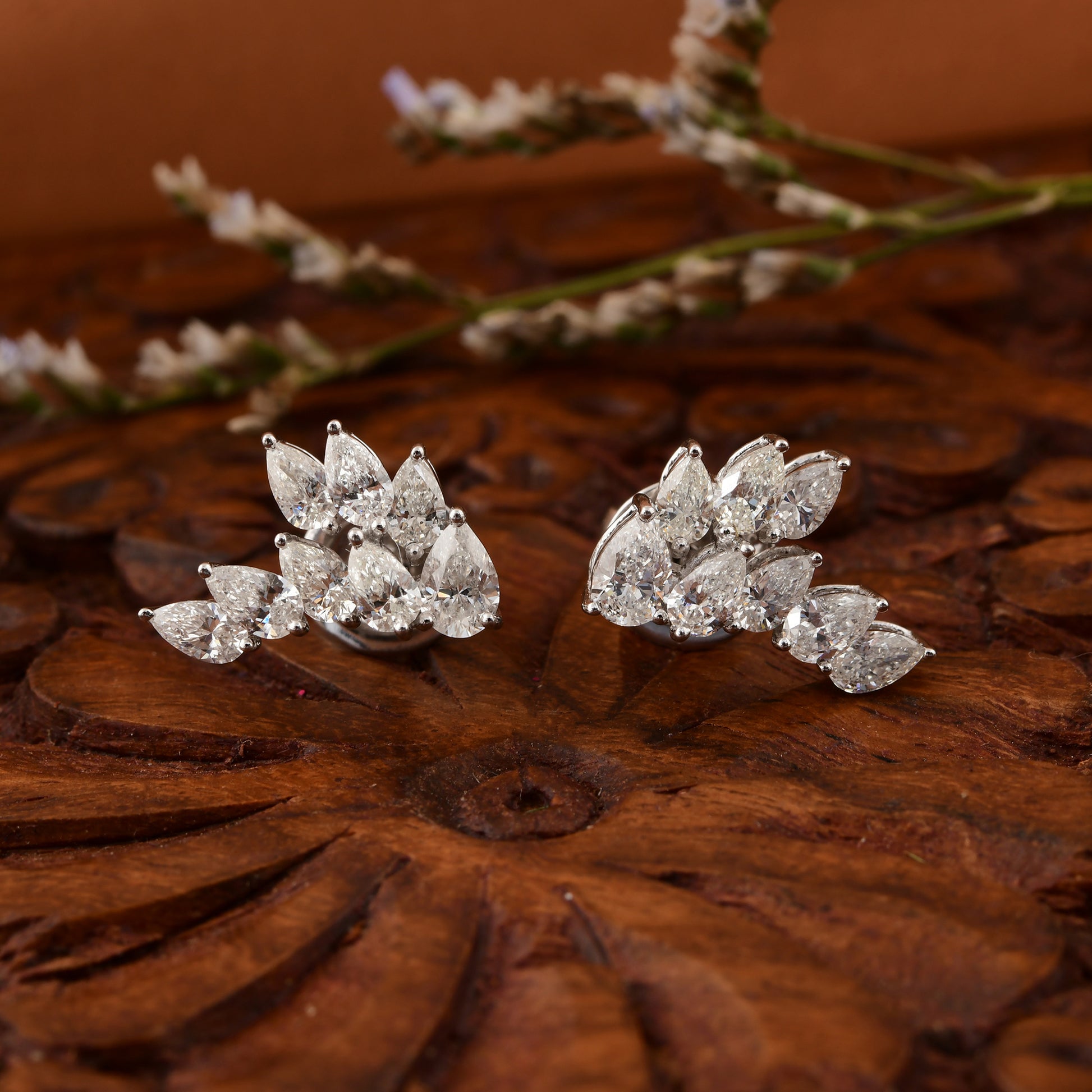 1.60 Carat Natural Pear Shaped Diamond Cluster Stud Earrings