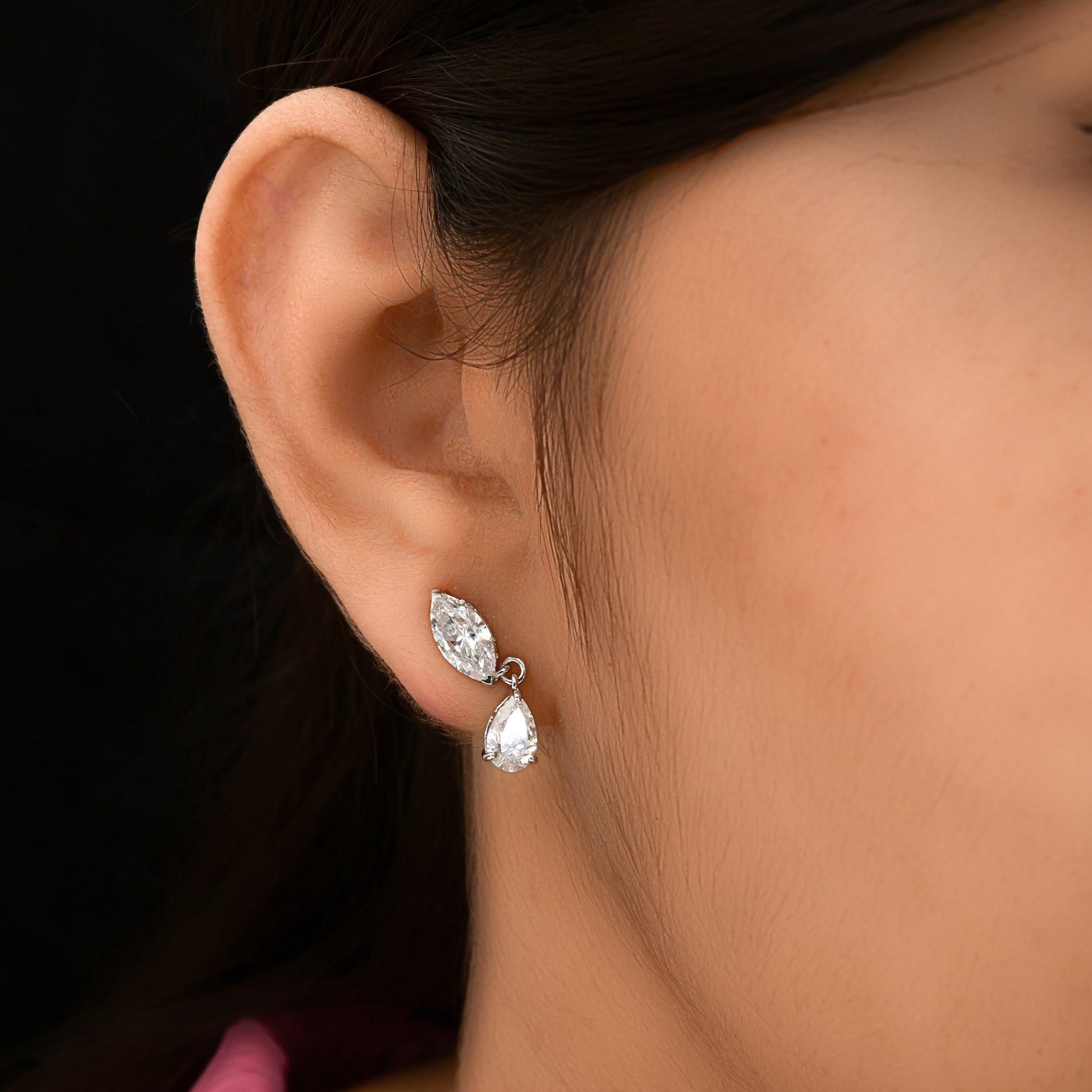 3.44 Carat Natural SI/HI Pear Marquise Cut Diamond Drop Earrings