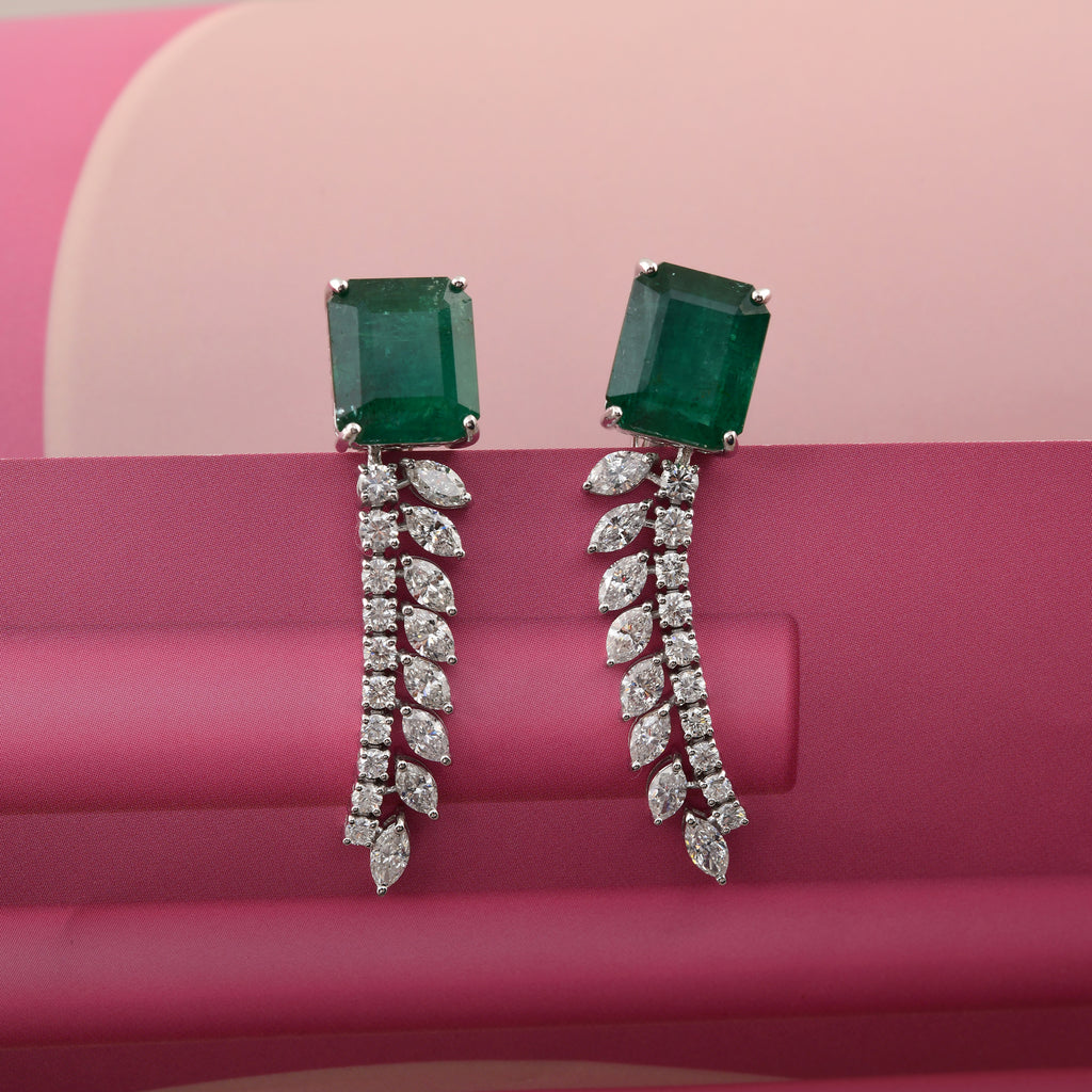 23.25 Tcw HI/SI Diamond Octagon Zambian Emerald Dangle Earrings