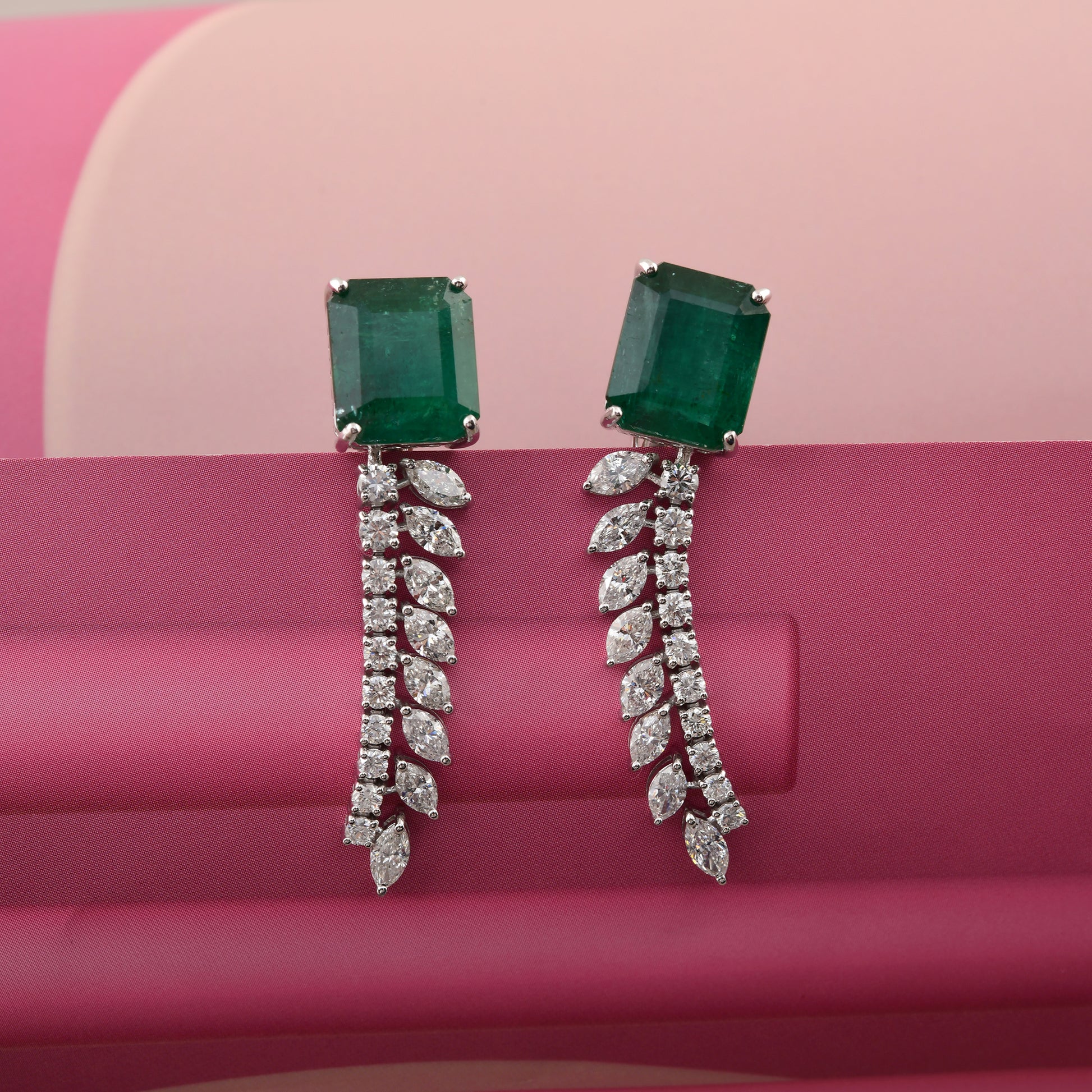 23.25 Tcw HI/SI Diamond Octagon Zambian Emerald Dangle Earrings