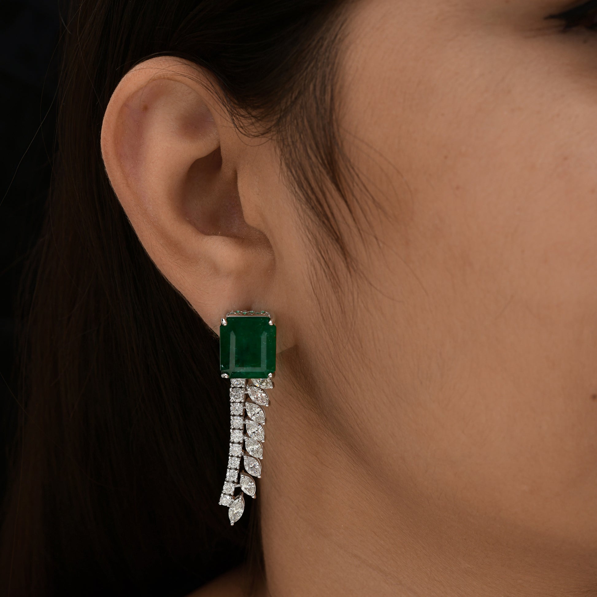 23.25 Tcw HI/SI Diamond Octagon Zambian Emerald Dangle Earrings