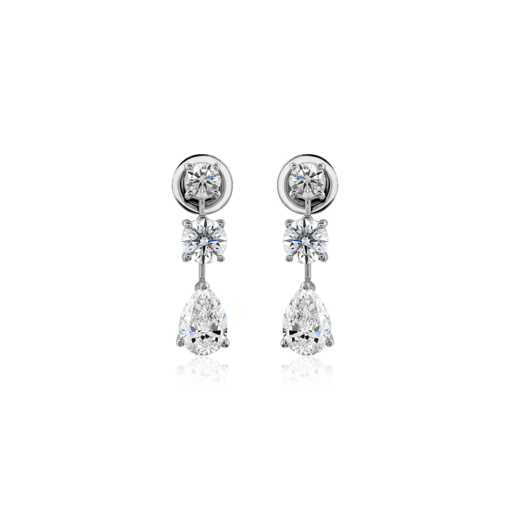 Three Stone Round Pear Cut Diamond Drop Earrings In Fine Gold for timeless sophisticated wear