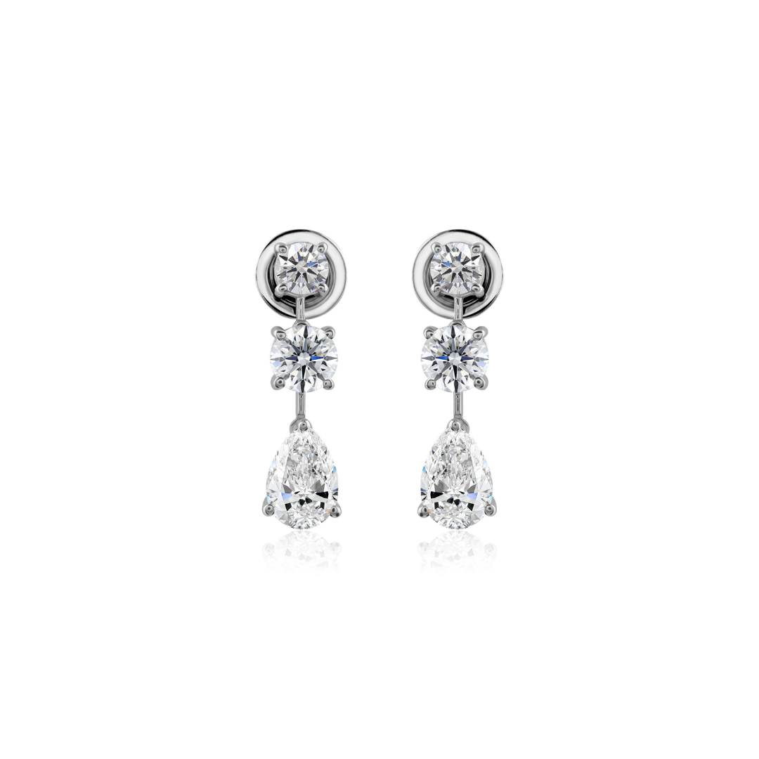 Three Stone Round Pear Cut Diamond Drop Earrings in Fine Gold