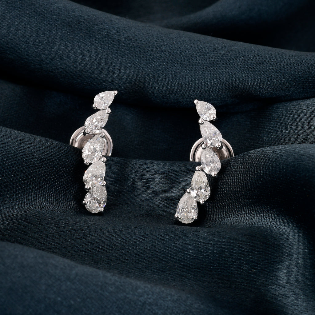1.58 Carat Dainty Pear Natural Diamond Gold Ear Climber Earrings