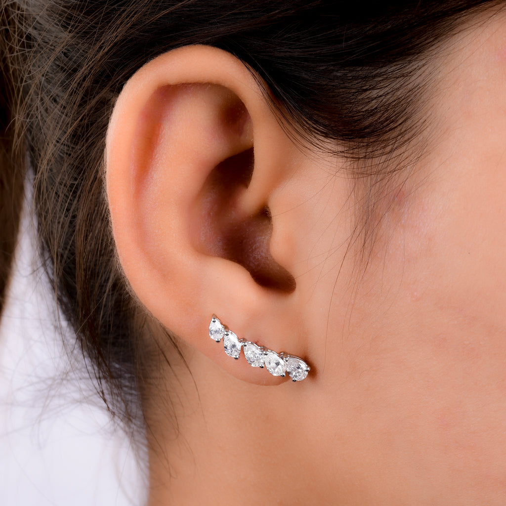 1.58 Carat Dainty Pear Natural Diamond Gold Ear Climber Earrings
