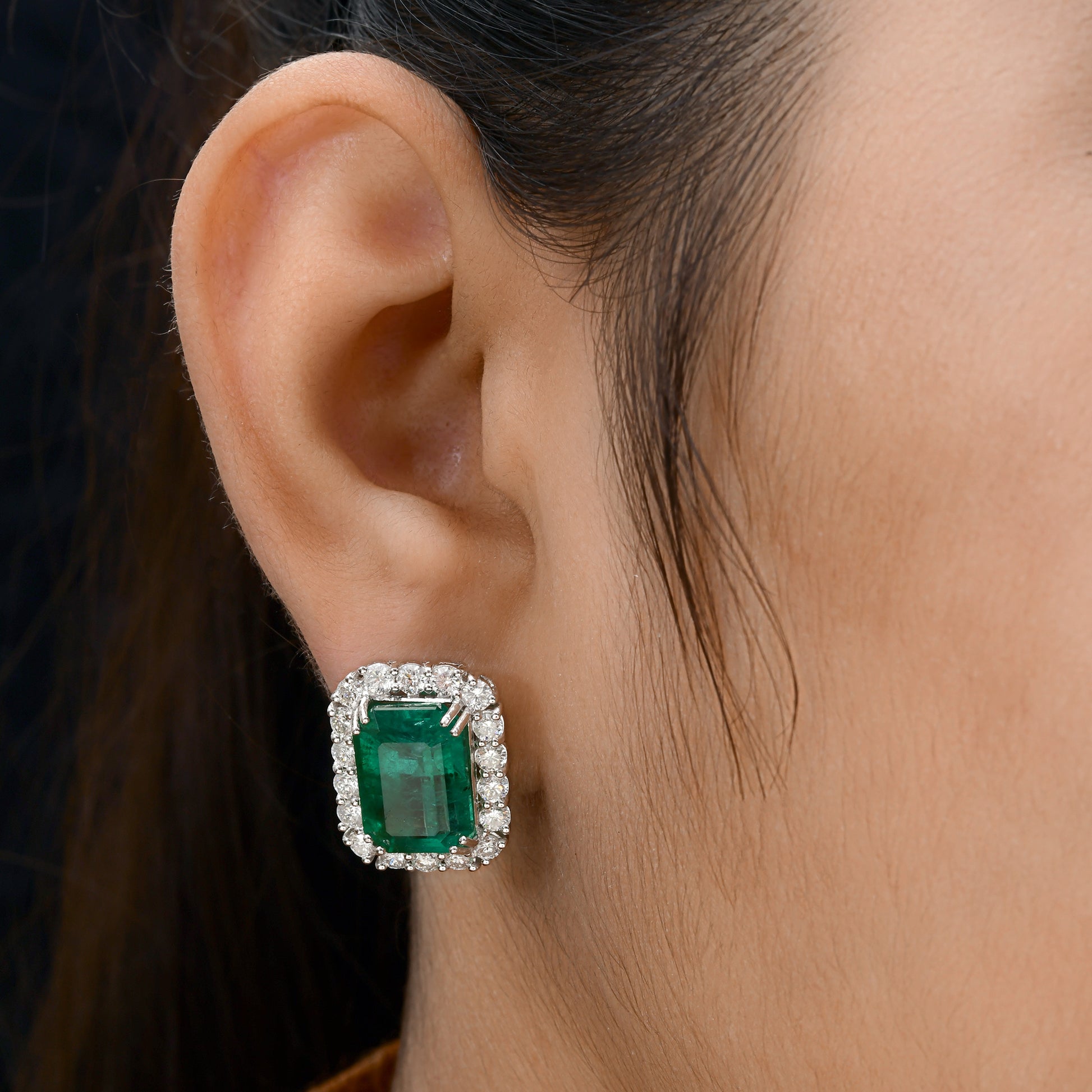 18.53Tcw Emerald Cut Zambian Emerald Halo Diamond Prong Set Stud Earrings