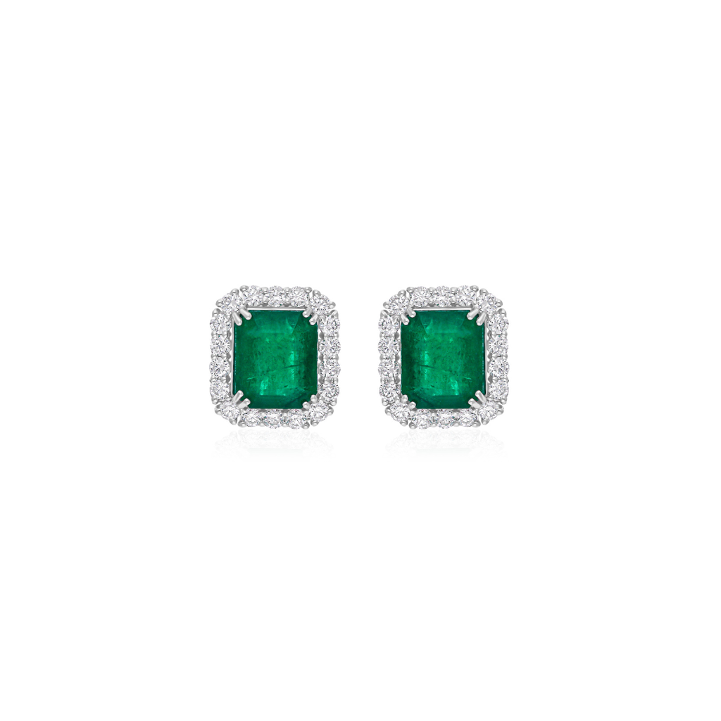 15.18 Tcw Green Zambian Emerald Halo Diamond Double Prong Bridal Stud Earrings