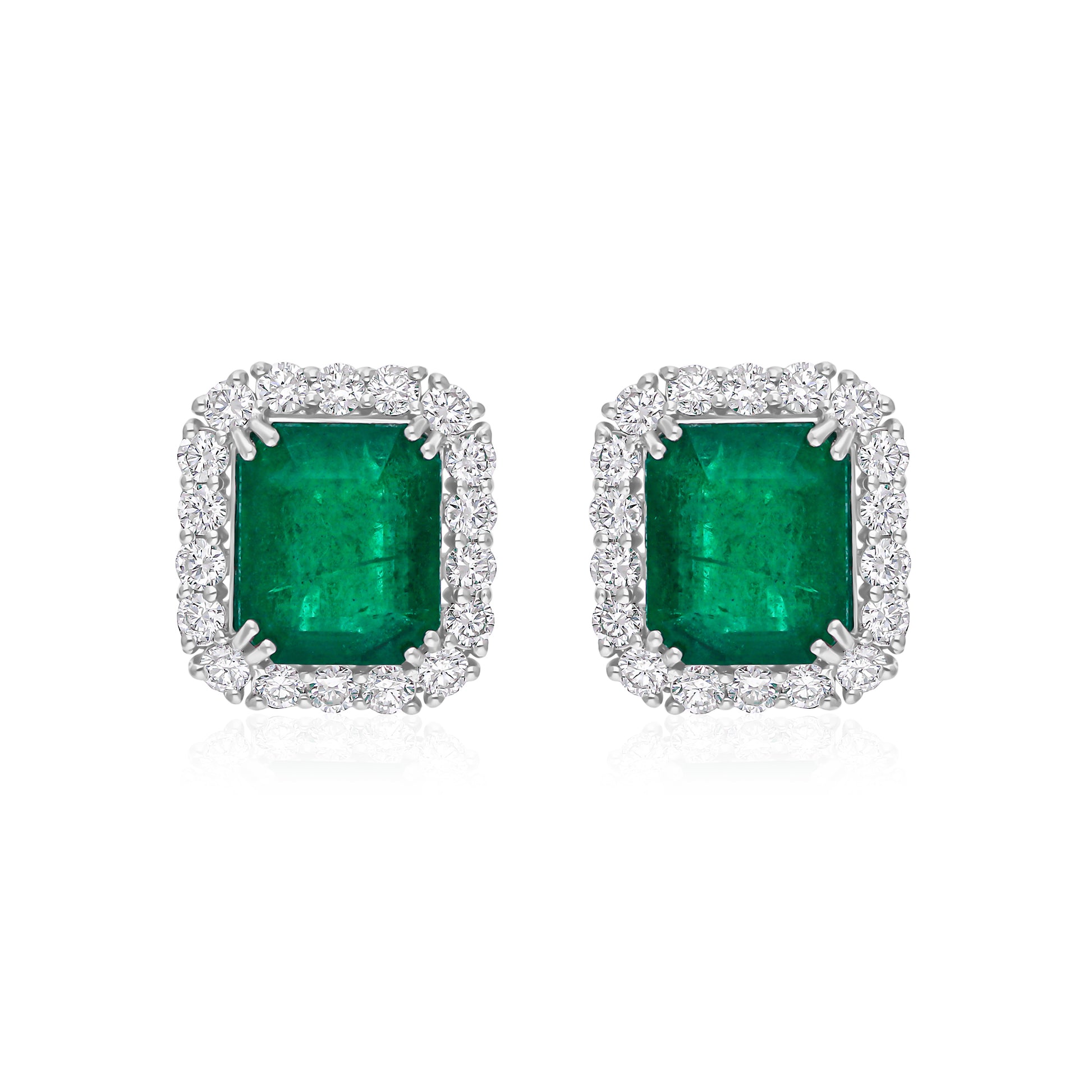 15.18Ct Radiant Green Zambian Emerald Halo Diamond Double Prong Bridal Stud Earrings