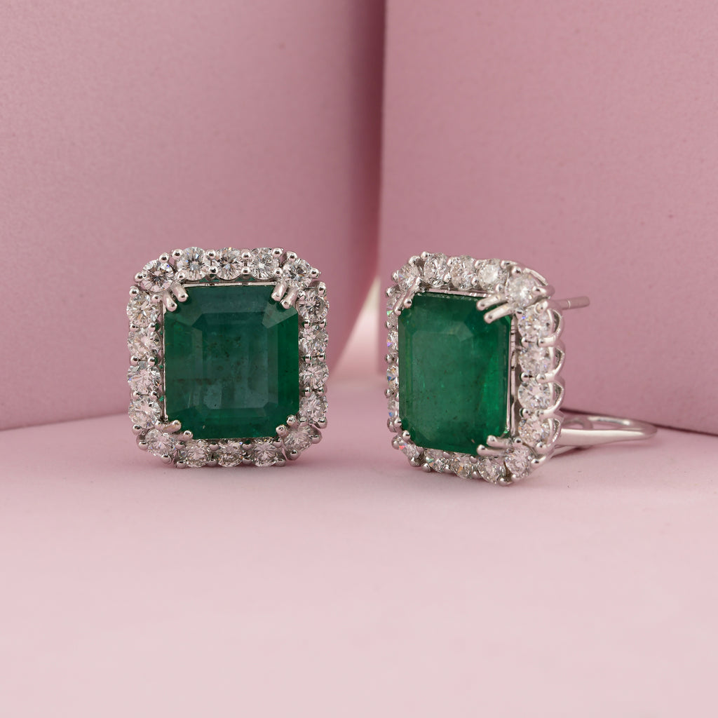 15.18 Tcw Green Zambian Emerald Halo Diamond Double Prong Bridal Stud Earrings