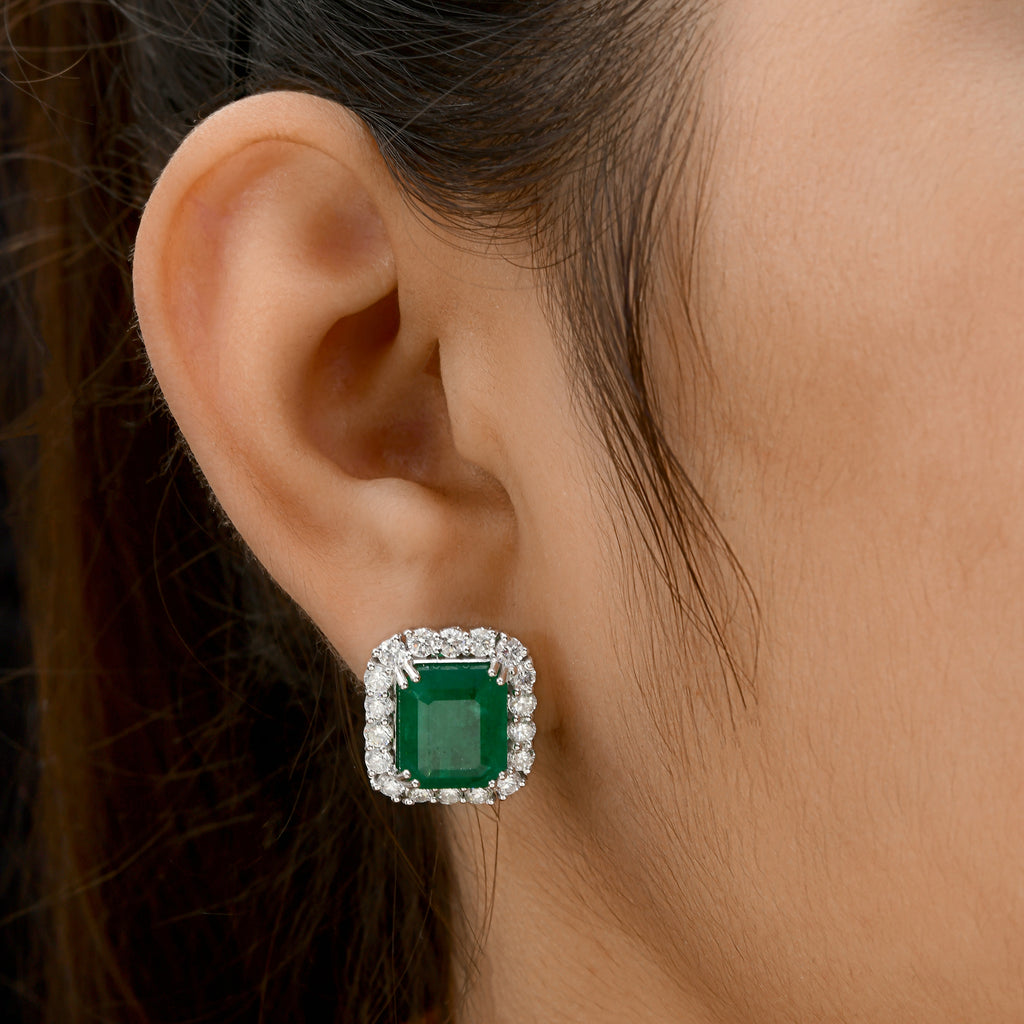 15.18 Tcw Green Zambian Emerald Halo Diamond Double Prong Bridal Stud Earrings