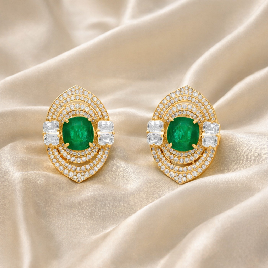 Cushion Cut Emerald Natural Diamond Gold Stud Earrings