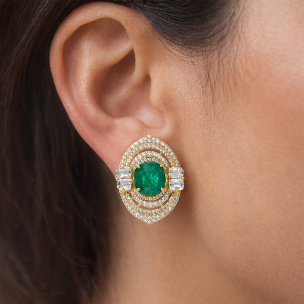 Cushion Cut Emerald Natural Diamond Gold Stud Earrings