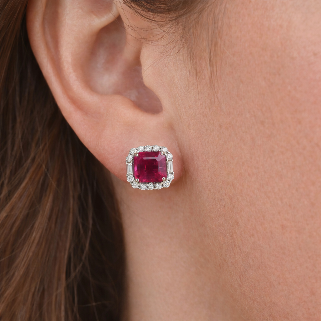 7.58 tcw Natural Diamond Pink Tourmaline Solid Gold Stud Earrings