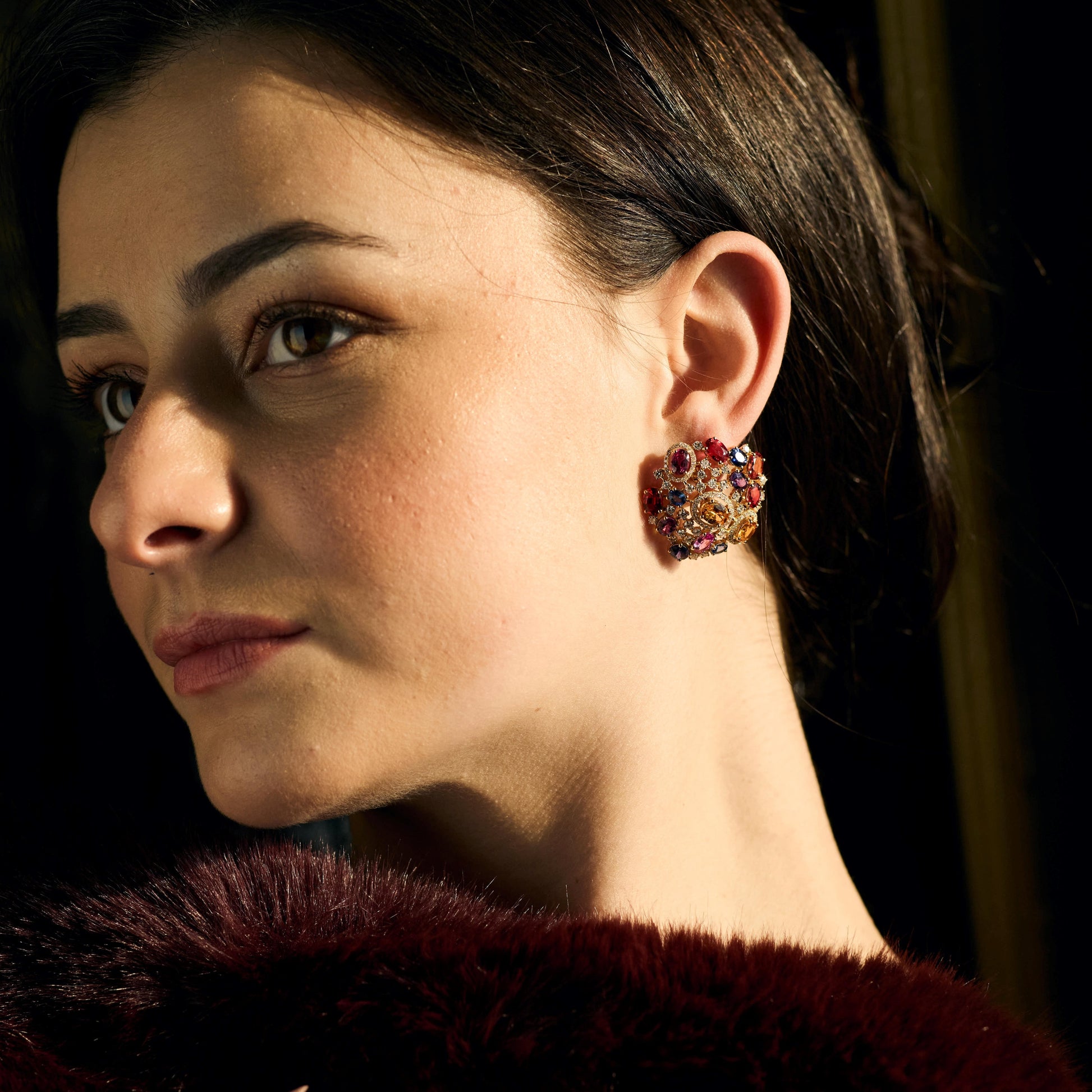 Multicolor Gemstone Natural Diamond Gold Cluster Stud Earrings