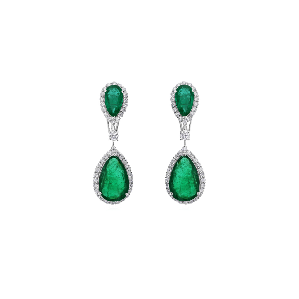 Certified 23.17Tcw Natural Zambian Emerald Halo Diamond Gold Dangle Drop Clip-On Earrings