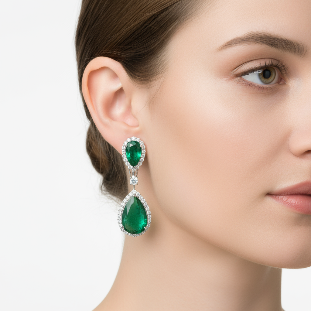 Certified 23.17Tcw Natural Zambian Emerald Halo Diamond Gold Dangle Drop Clip-On Earrings