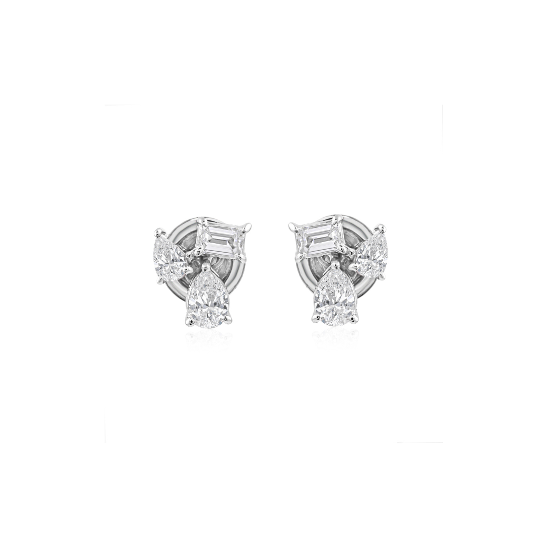 Natural Cluster Trio Diamond Gold Stud Earrings with Push Back