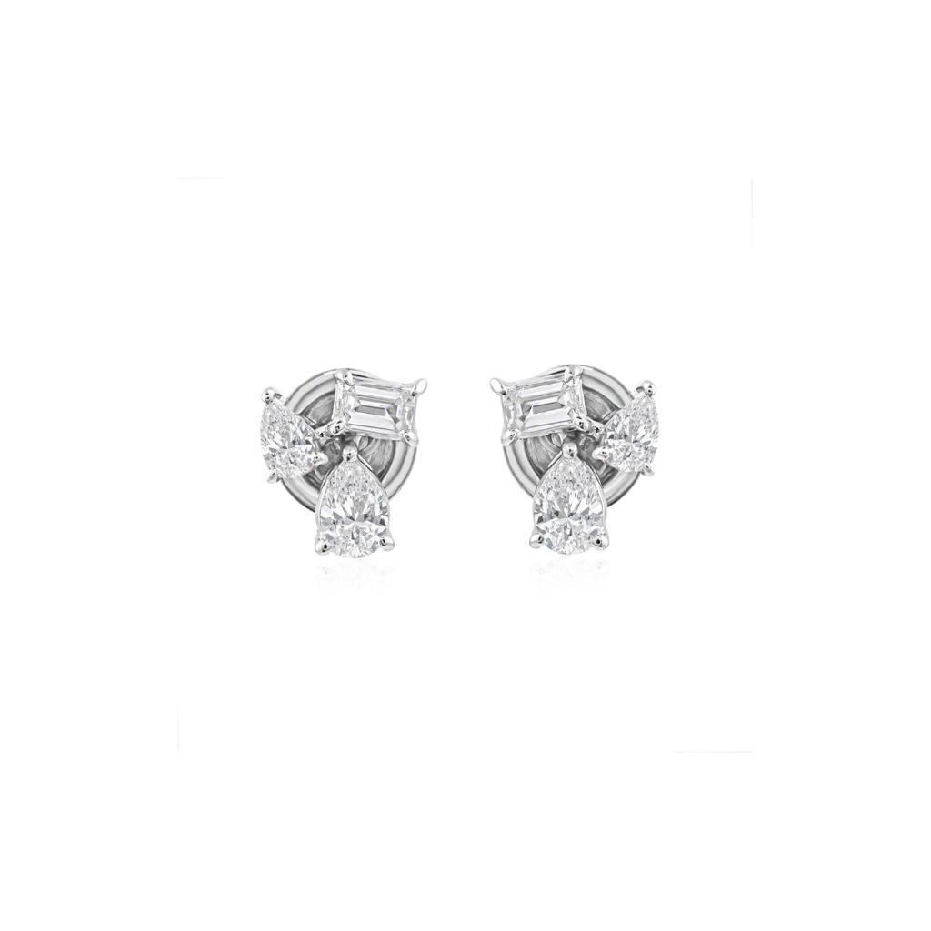 Natural Cluster Trio Diamond Gold Stud Earrings with Push Back