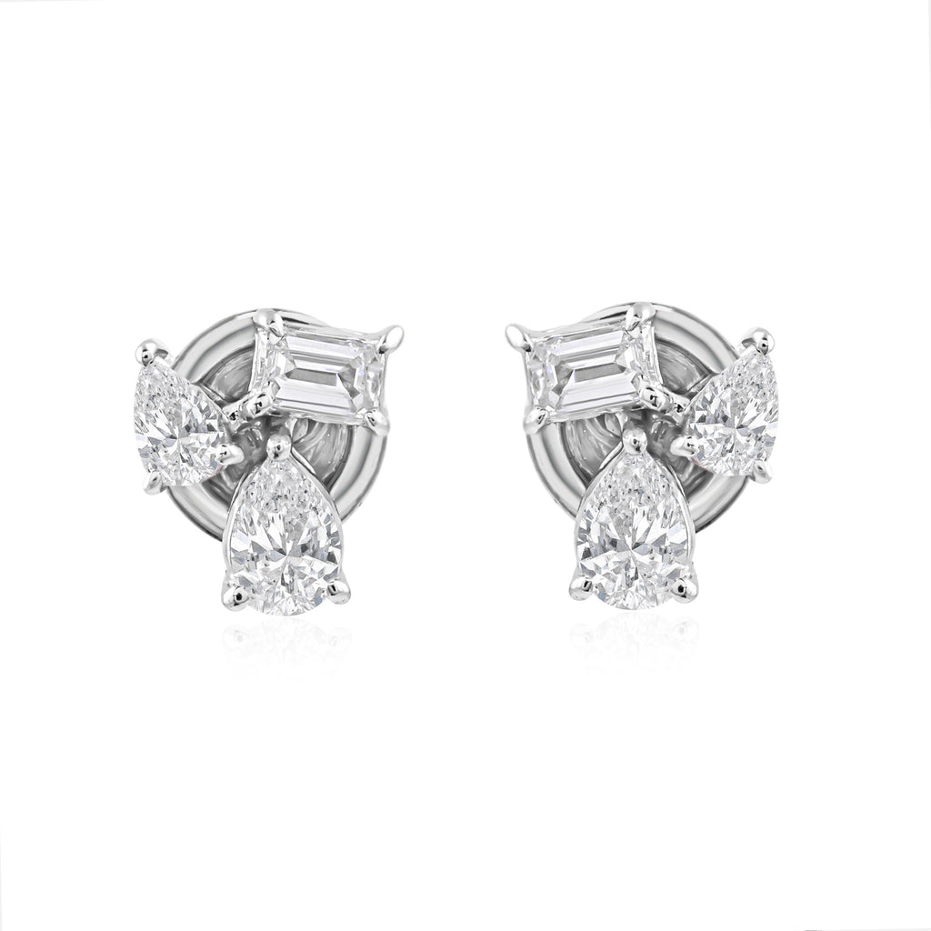 Natural Cluster Trio Diamond Gold Stud Earrings with Push Back