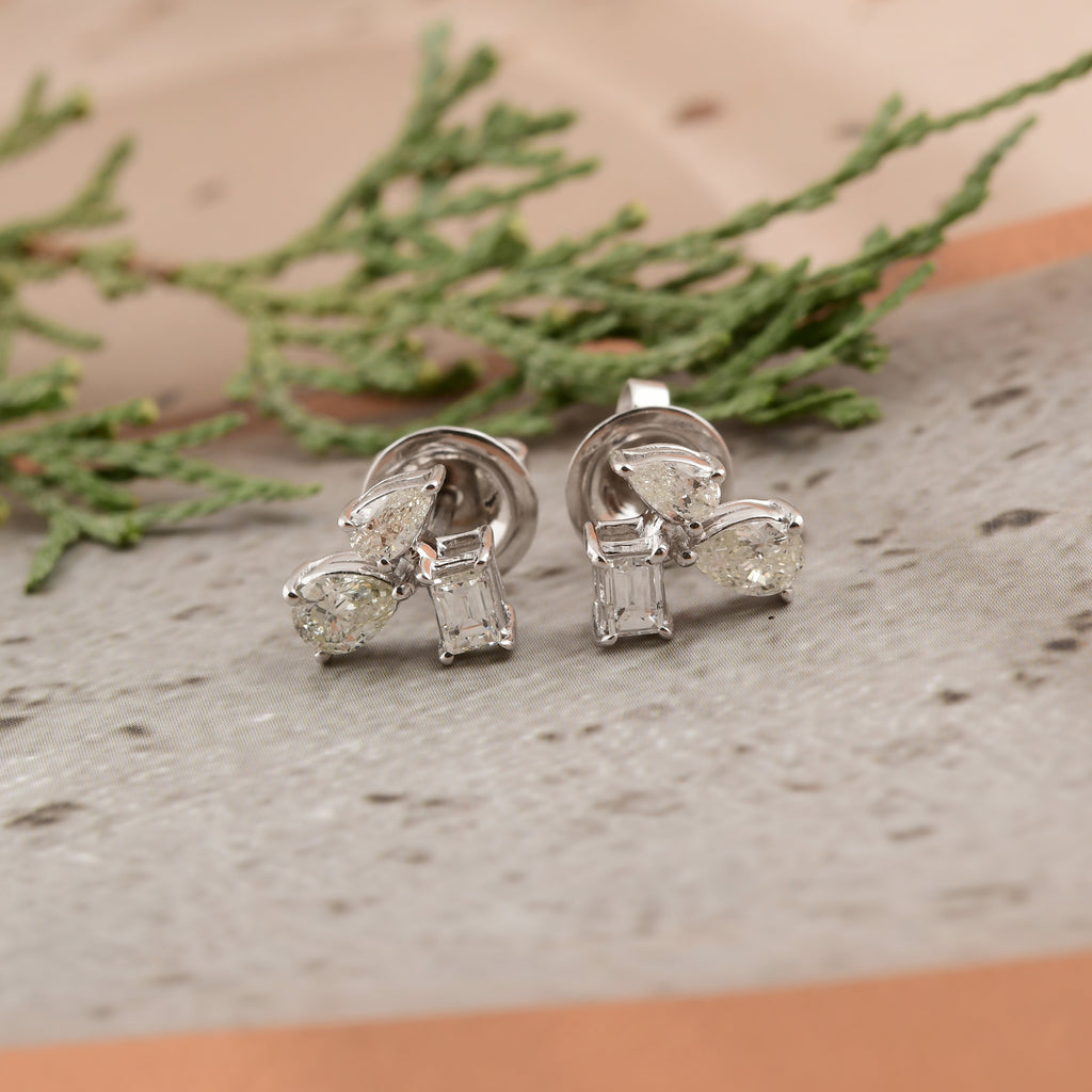 Natural Cluster Trio Diamond Gold Stud Earrings with Push Back
