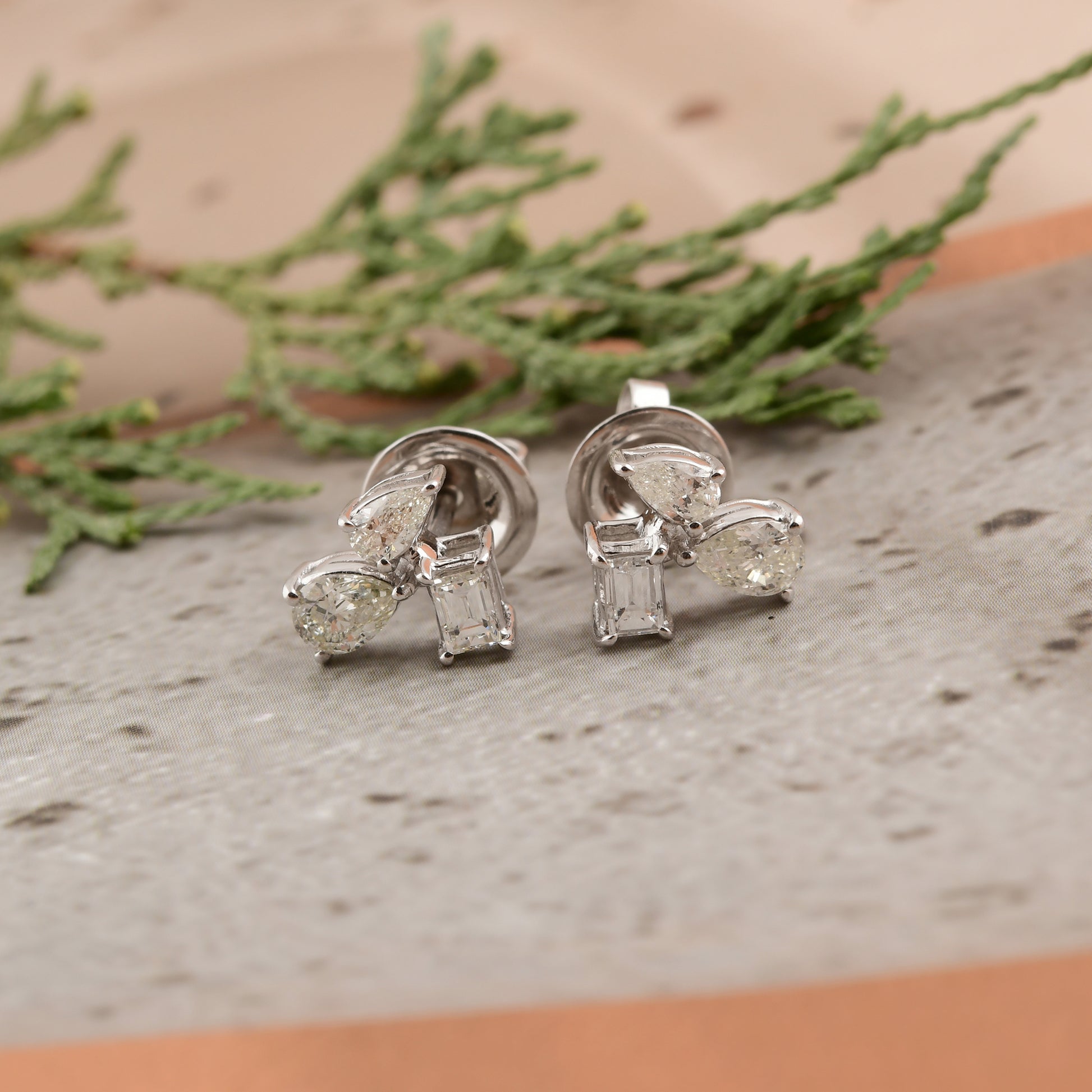 Natural Cluster Trio Diamond Gold Stud Earrings with Push Back