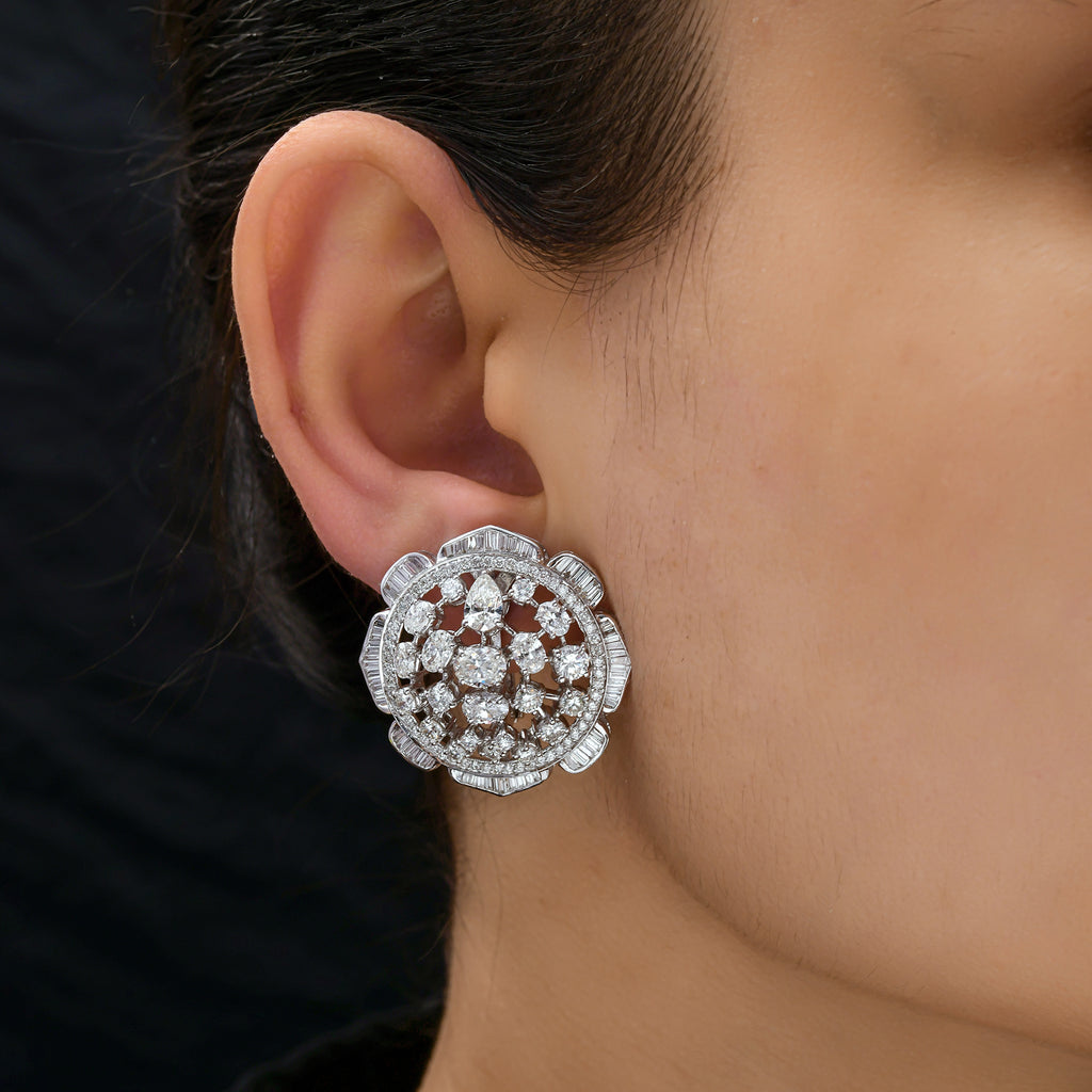 Solid Gold Floral Mixed Cut Natural Diamond Stud Clip-On Earrings For Wife