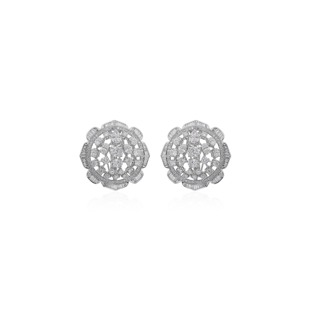 Solid Gold Floral Mixed Cut Natural Diamond Stud Clip-On Earrings For Wife