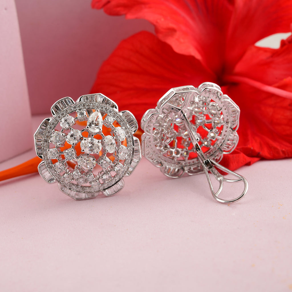 Solid Gold Floral Mixed Cut Natural Diamond Stud Clip-On Earrings For Wife