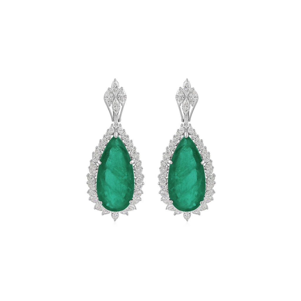 Certified Natural Pear Cut Zambian Emerald Dangle Drop Earrings with Diamonds