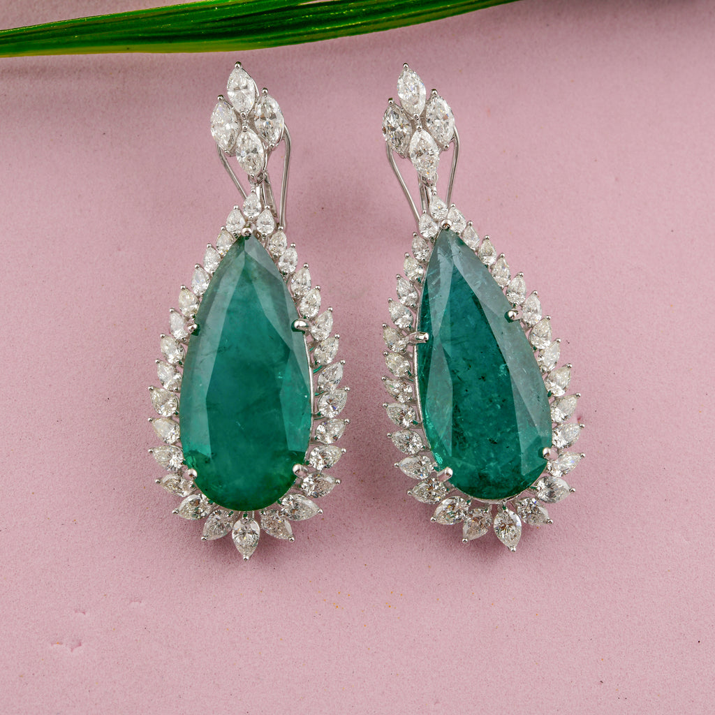 Certified Natural Pear Cut Zambian Emerald Dangle Drop Earrings with Diamonds