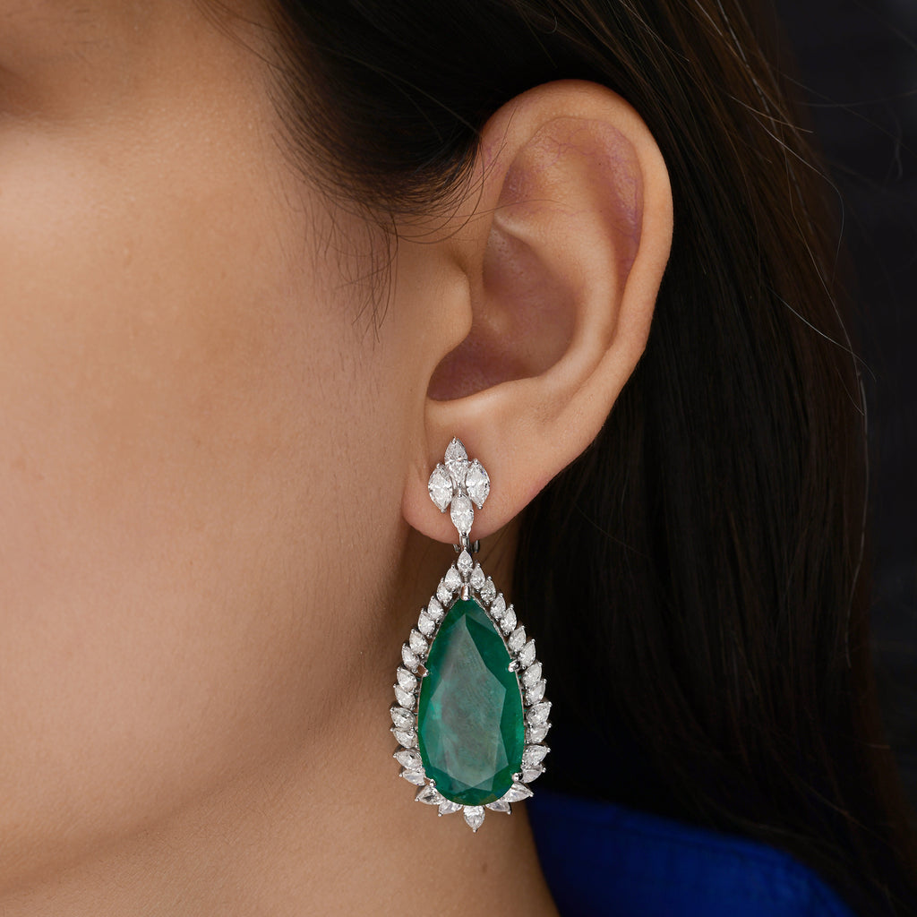 Certified Natural Pear Cut Zambian Emerald Dangle Drop Earrings with Diamonds