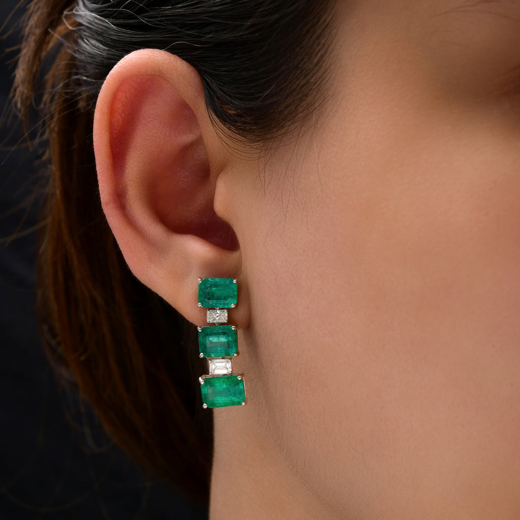 Genuine Natural Diamond Zambian Emerald Solid Gold Dangle Earrings