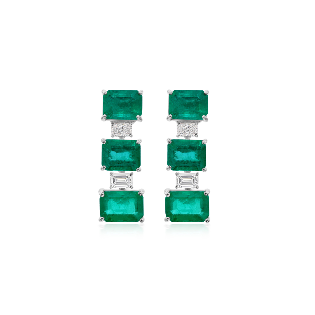 Genuine Natural Diamond Zambian Emerald Solid Gold Dangle Earrings