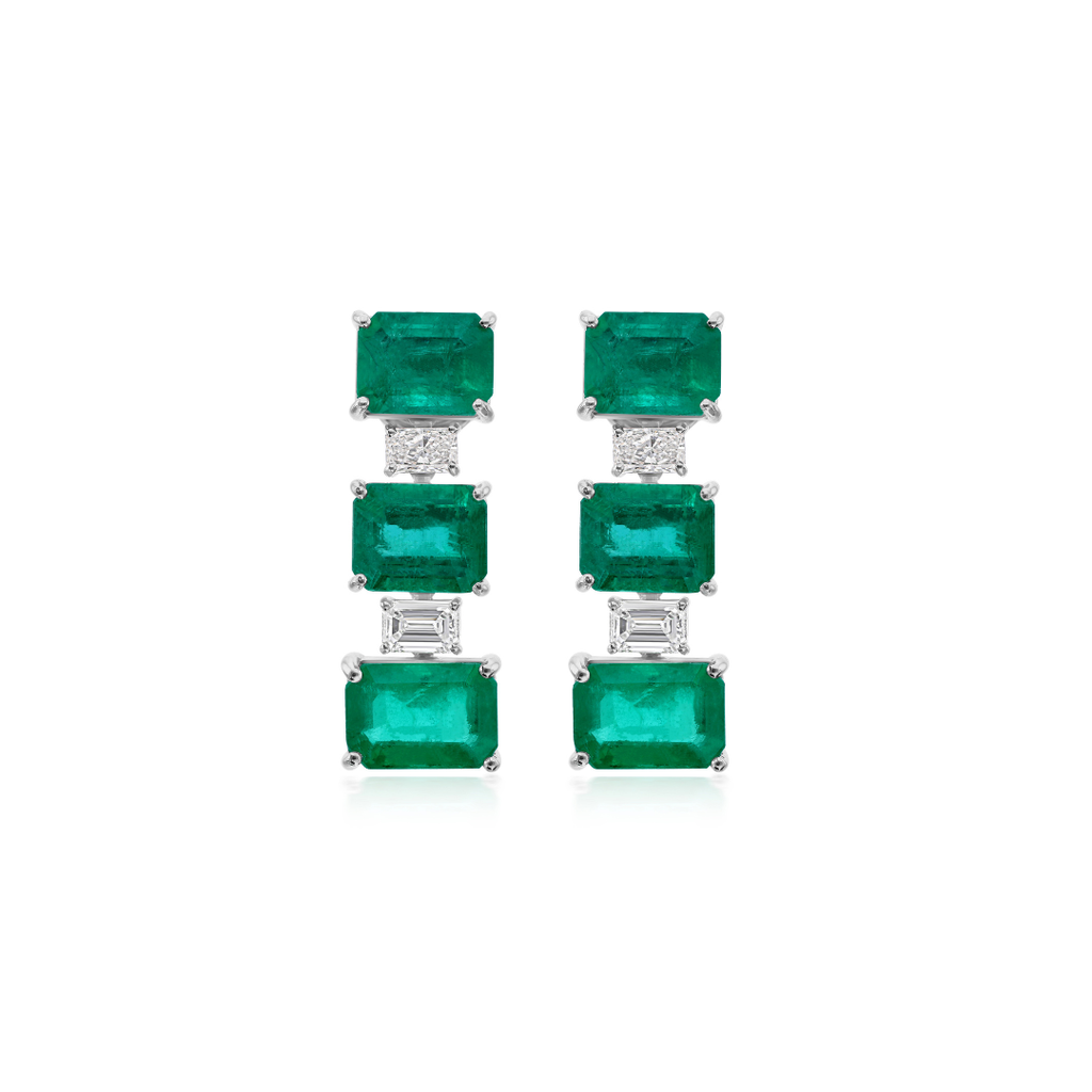 Genuine Natural Diamond Zambian Emerald Solid Gold Dangle Earrings