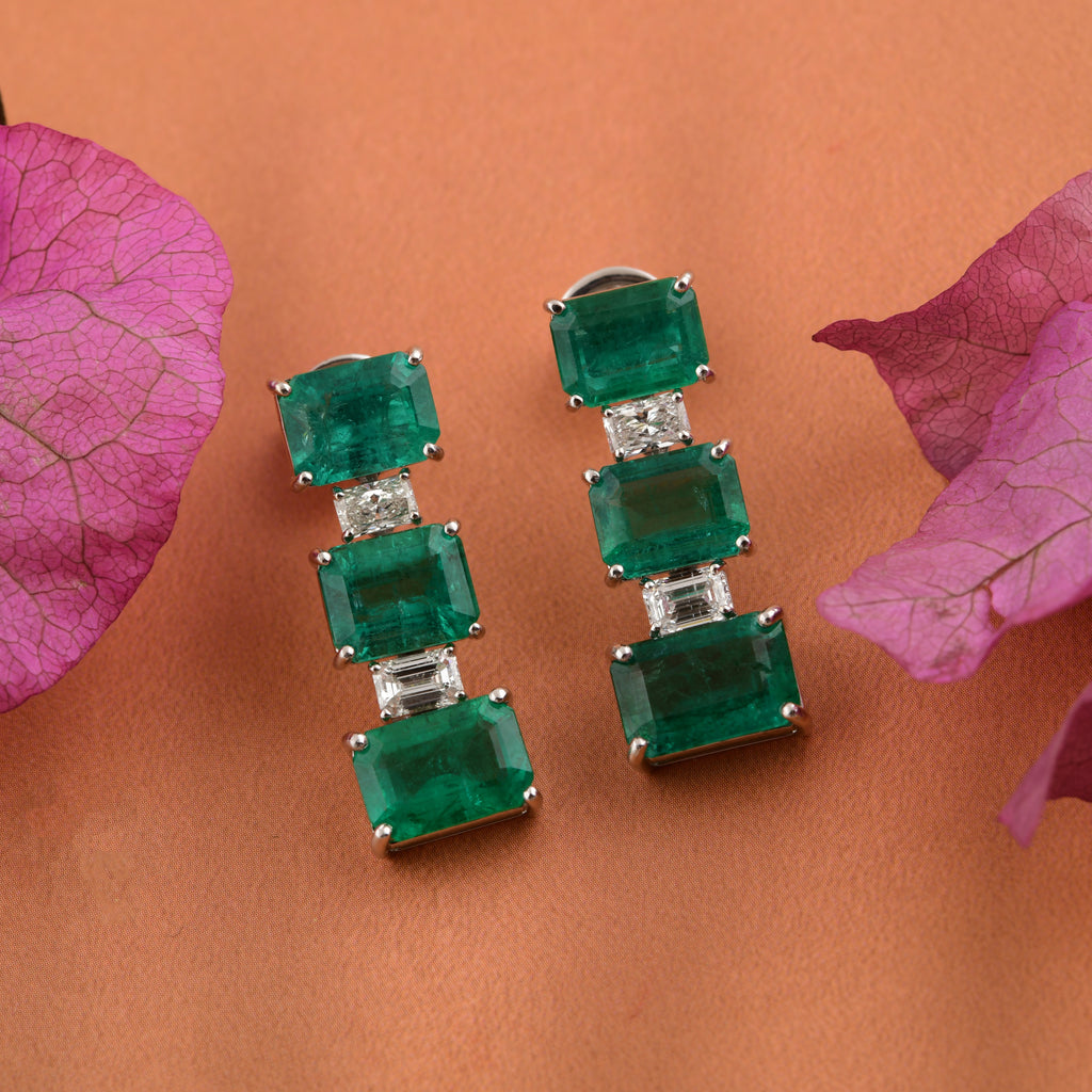 Genuine Natural Diamond Zambian Emerald Solid Gold Dangle Earrings