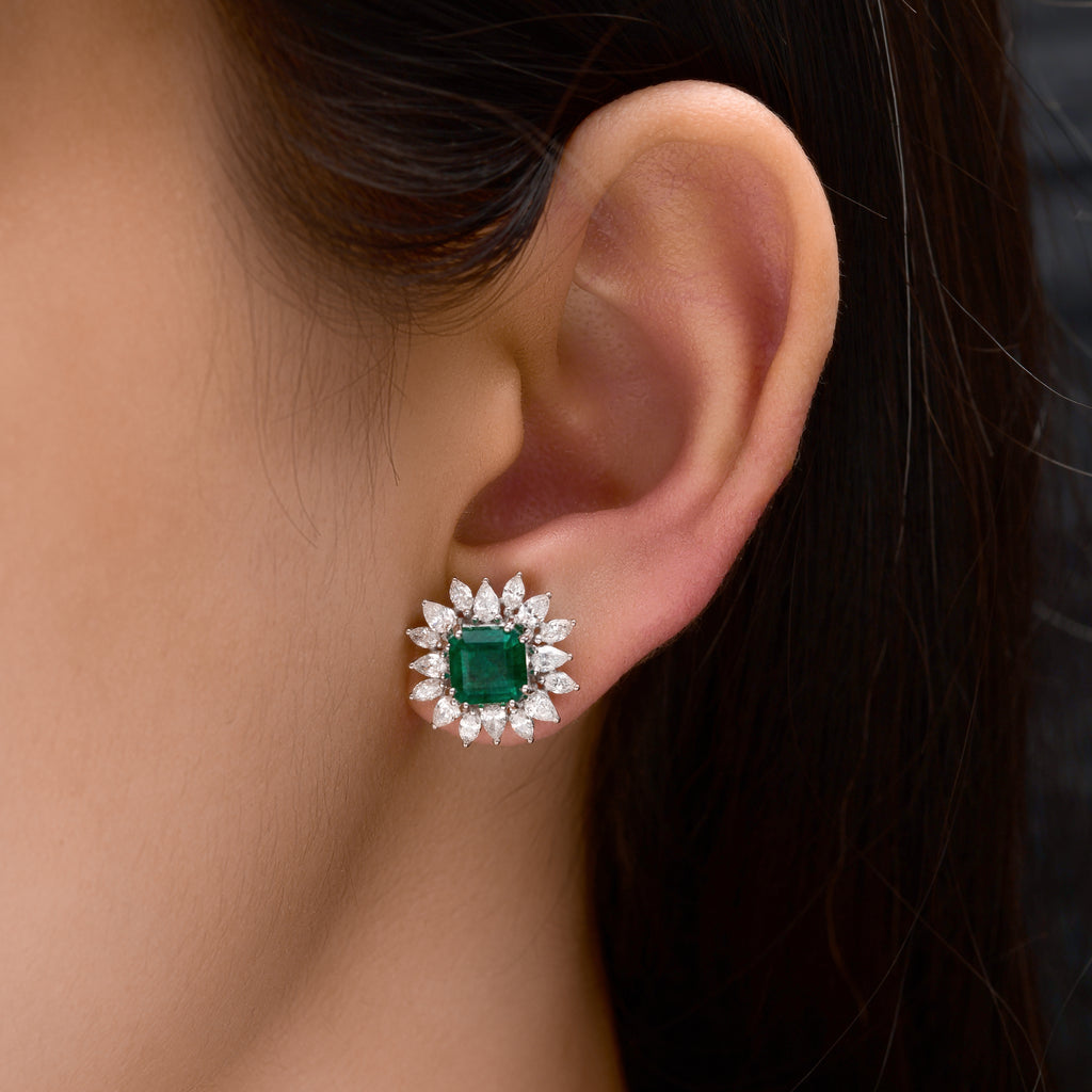 Handmade Natural Diamond Zambian Emerald Solid Gold Stud Earrings