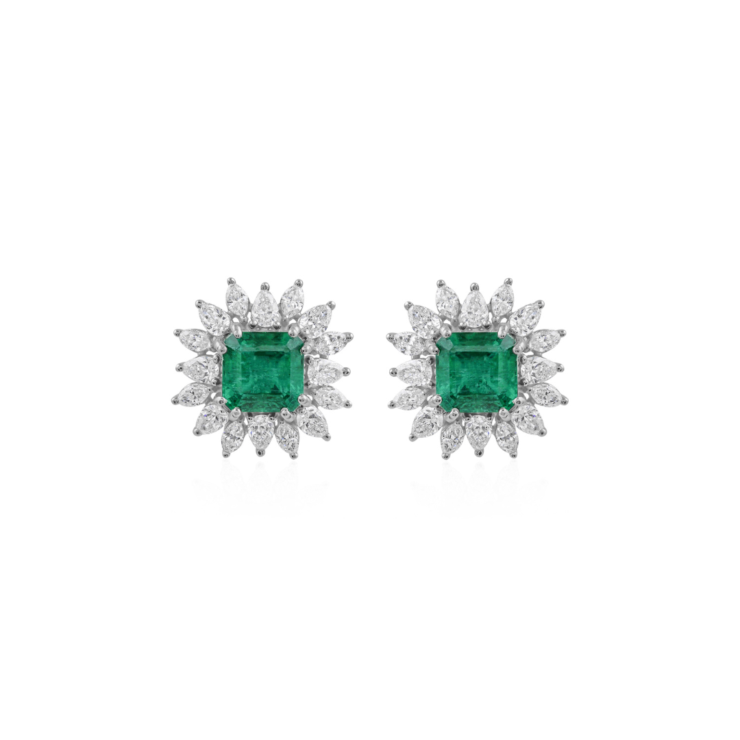 Handmade Natural Diamond Zambian Emerald Solid Gold Stud Earrings