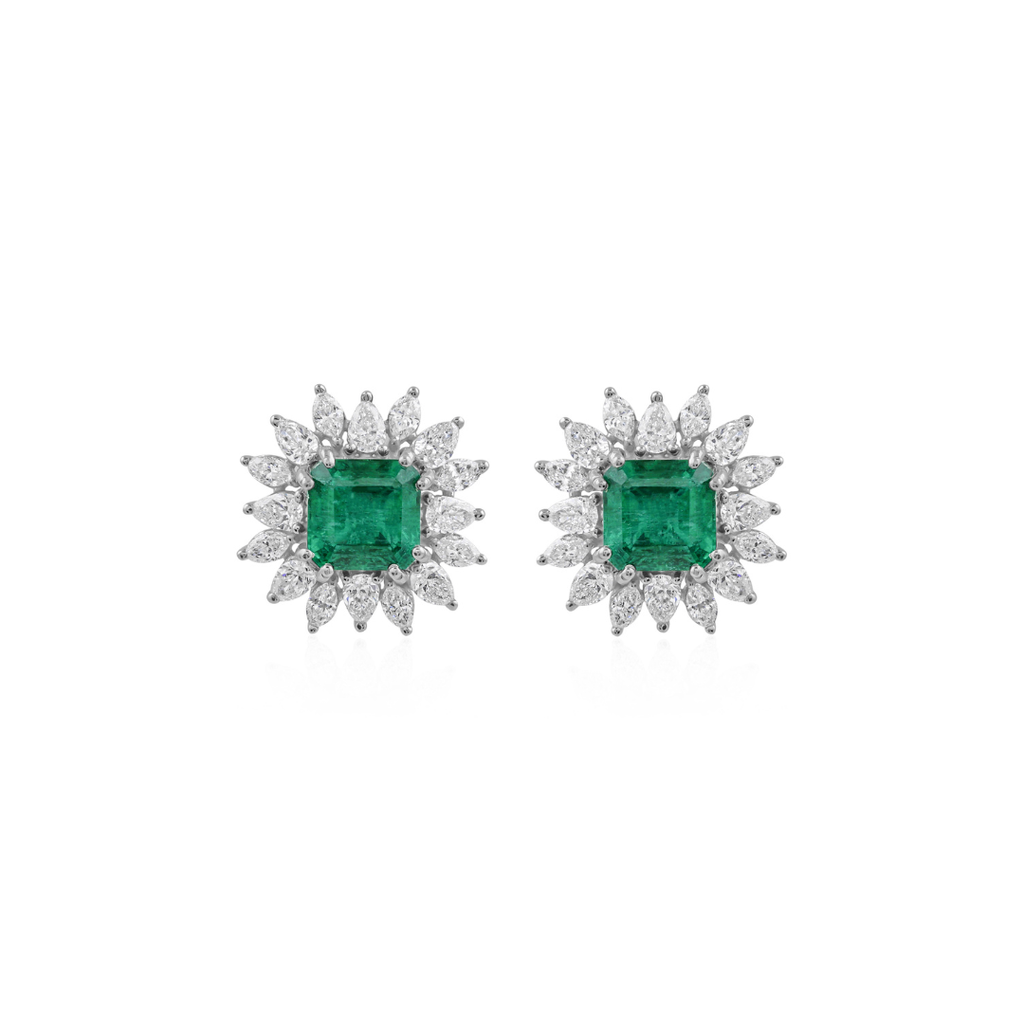 Handmade Natural Diamond Zambian Emerald Solid Gold Stud Earrings