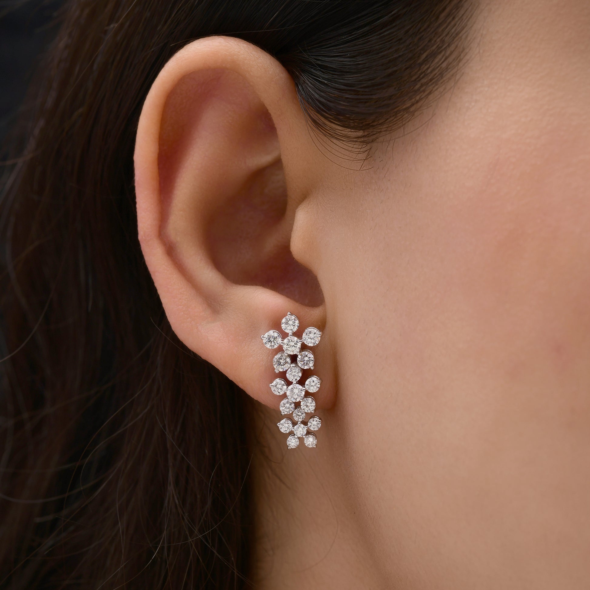 Handcrafted Round Cut Natural Diamond Cluster Flower Earrings