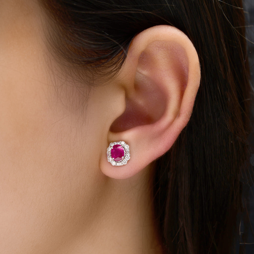 Timeless Oval Ruby Gemstone Diamond Halo Stud Earrings in Fine Gold