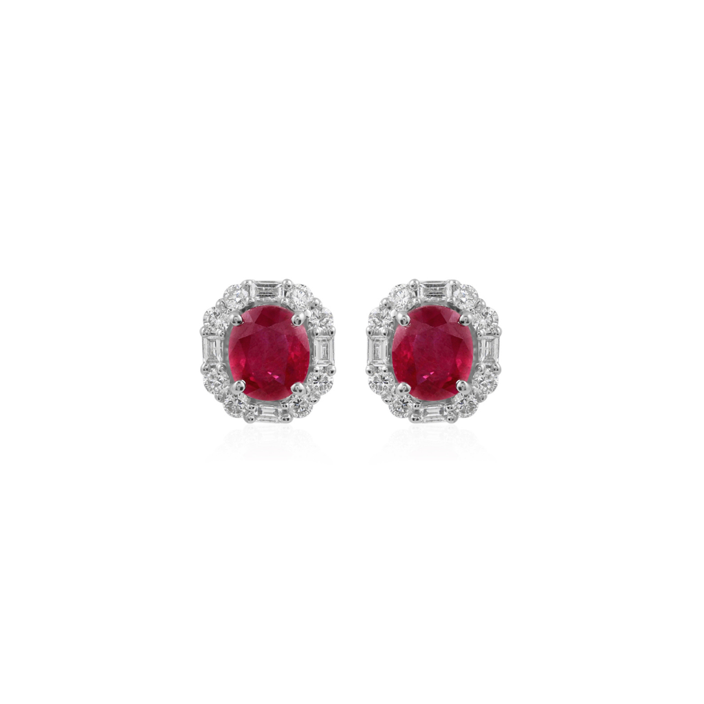 Timeless Oval Ruby Gemstone Diamond Halo Stud Earrings in Fine Gold