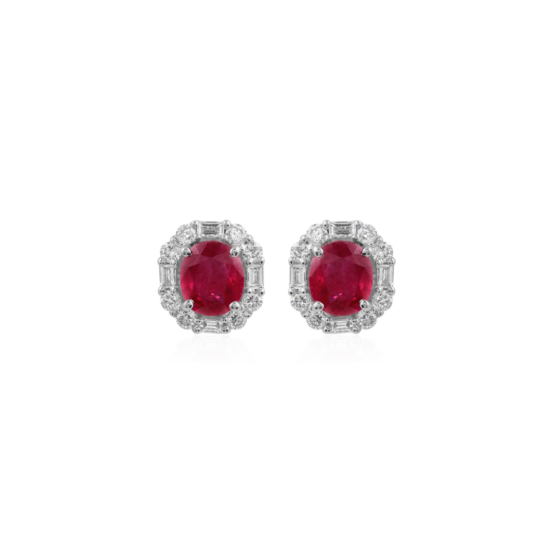 Timeless Oval Ruby Gemstone Diamond Halo Stud Earrings in Fine Gold