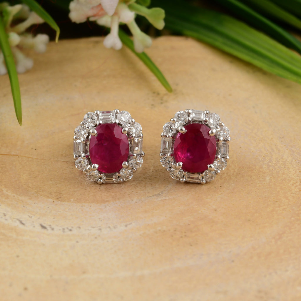 Timeless Oval Ruby Gemstone Diamond Halo Stud Earrings in Fine Gold